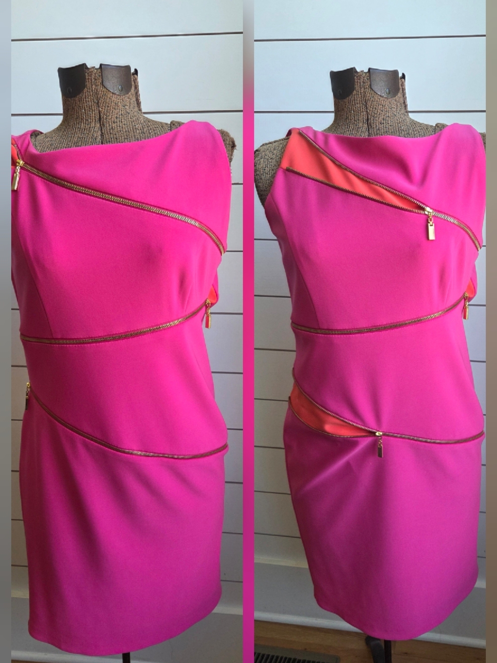 Joseph Ribkoff Hot Pink One-Shoulder Sheath Dress with Gold Zips